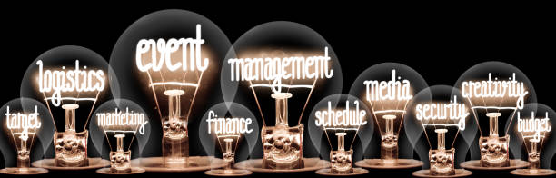 Light Bulbs with Event Management Concept Photo of light bulbs group with shining fibers in a shape of Event Management, Logistics, Target, Creativity and Media concept related words isolated on black background event planning stock pictures, royalty-free photos & images