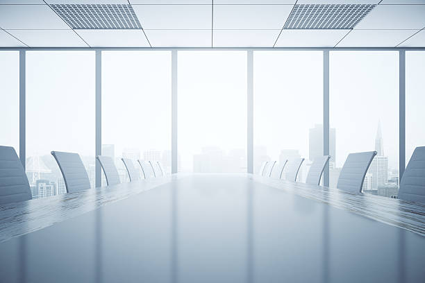 Light conference table Closeup of shiny light table and chairs in conferece room interior with city view and daylight. 3D Rendering conference table stock pictures, royalty-free photos & images