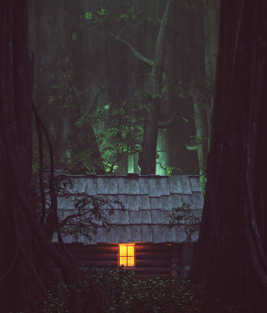Light from window of an old cabin in haunted forest,3d illustration stock photo