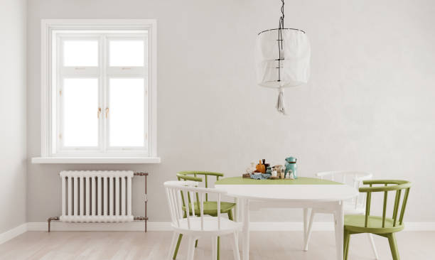 Light Gray Mock Up Wall Green White Dining Table And Chairs With Large Window And Radiator Scandinavian Style 3d Render 3d Illustration Stock Photo Download Image Now Istock