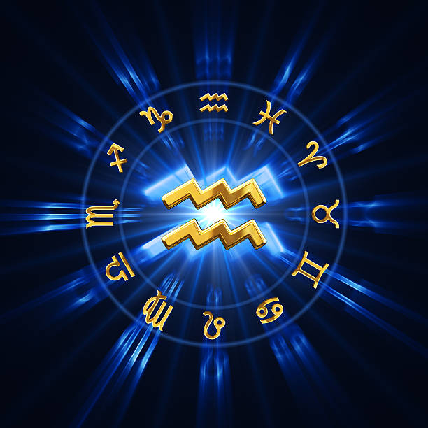 Light Of Zodiac Aquarius Zodiac wheel with gold signs. 3D render aquarius astrology sign stock pictures, royalty-free photos & images