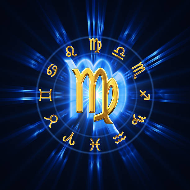 Light Of Zodiac Virgo Zodiac wheel with gold signs. 3D render virgo stock pictures, royalty-free photos & images