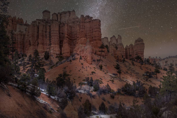 Light paint Milky Way long exposure on Mossy Cave Trail in Bryce Canyon National Park stock photo