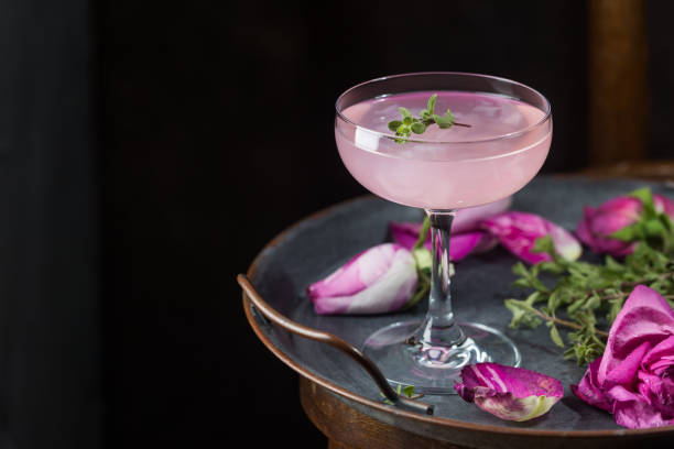 Light pink rose cocktail Summer refreshment drinks. Light pink rose cocktail, with rose wine on dark background. With rose flowers. Copy space gin stock pictures, royalty-free photos & images