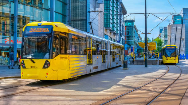 Light rail Metrolink tram in Manchester in UK stock photo