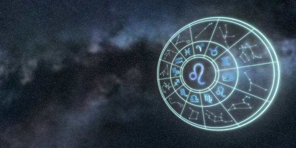 light symbols of zodiac and horoscope circle, leo zodiac sign - numerologia imagens e fotografias de stock