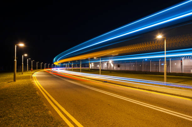 Light trails of traffic at night stock photo