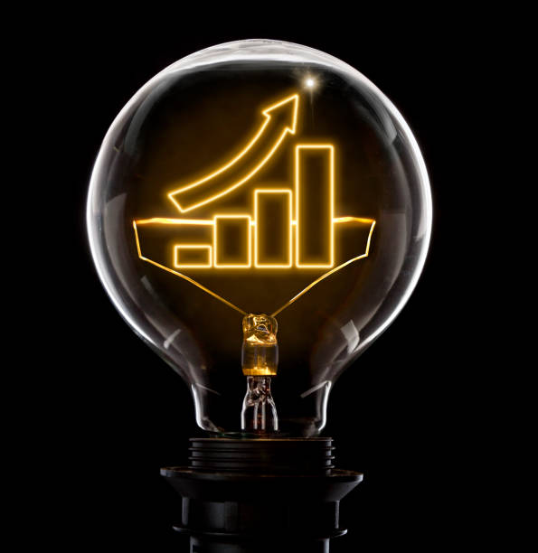 Lightbulb with a glowing wire in the shape of a growing bar chart (series) Clean and shiny lightbulb with a growing bar chart as a glowing wire.(series) create an account stock pictures, royalty-free photos & images
