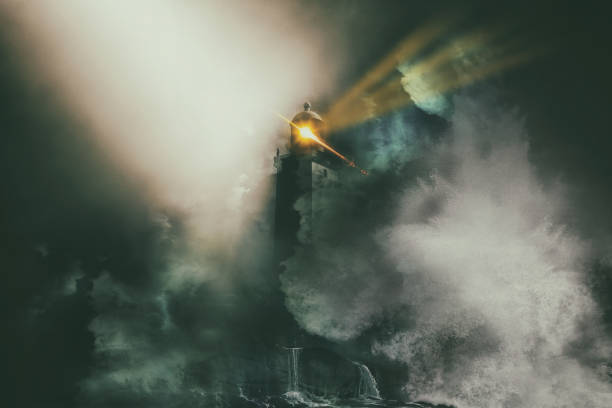 Lighthouse over severe storm stock photo