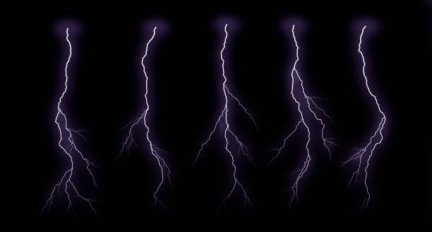 Lightning bolts isolated on black background. Thunder electric strike. Thunderstorm and lightning stock photo