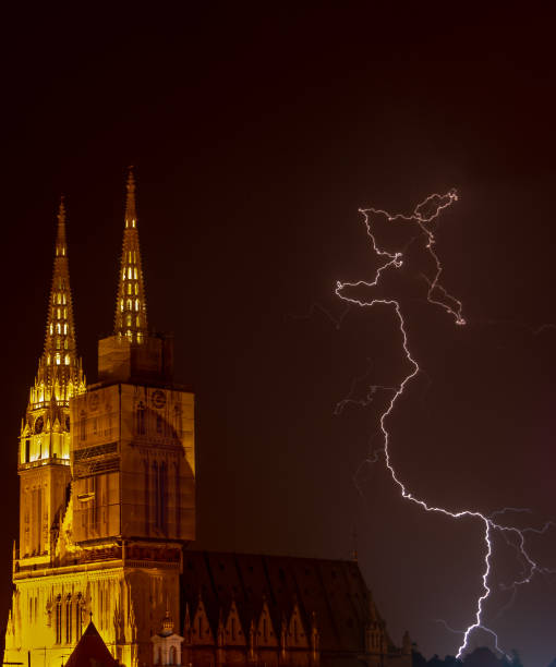 Lightning near Zagreb Cathedral stock photo