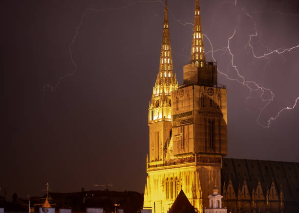 Lightning near Zagreb Cathedral stock photo