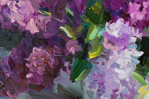 Lilac oil painting. Abstract artistic multicolored background. Close-up paint strokes on the canvas. Conceptual cheerful picturesque background. Floral summer background fragment of a painting