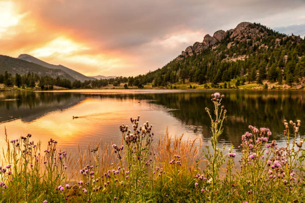 Lily Lake Fiery Sunset Smoky clouds just after the sun sets over Lily Lake in Rocky Mountain National Park, Estes Park, Colorado. lakes stock pictures, royalty-free photos & images