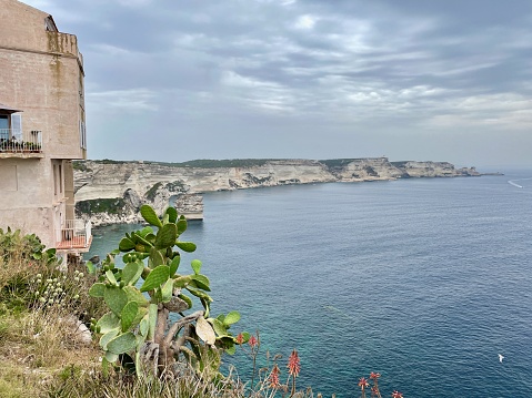 Limestone cliffs seen from old town Bonifacio, built on rock cliffs. Corsica, France.