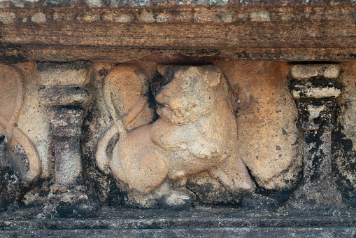 Lion carved stone decoration, Sri Lanka. Ruins at Polonnaruwa ancient city