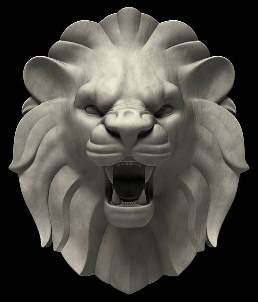 Lion's Head Artistic lion head sculpture, isolated on black background. 3D rendered image lion face stock pictures, royalty-free photos & images