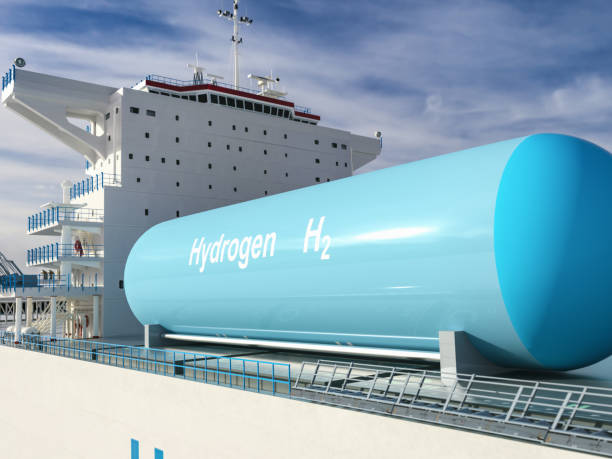 Liqiud Hydrogen renewable energy in vessel - LH2 hydrogen gas for clean sea transportation on container ship with composite cryotank for cryogenic gases. stock photo