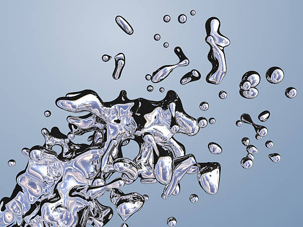 Liquid splash and droplets with reflections Reflective liquid splashes on blue background. chrome stock pictures, royalty-free photos & images