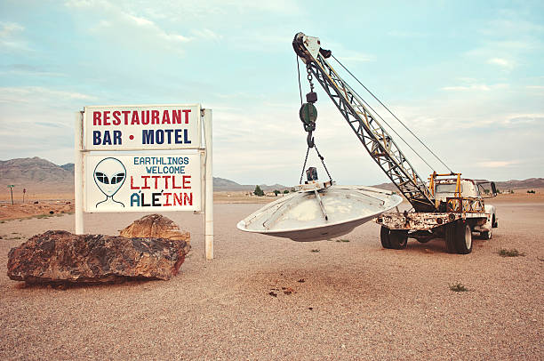 Little A'Le'Inn in Nevada Rachel, Nevada, USA - July 10, 2013: Welcome sign to Little A'Le'Inn, motel located near Area 51 on on the Extraterrestrial Highway. area 51 stock pictures, royalty-free photos & images
