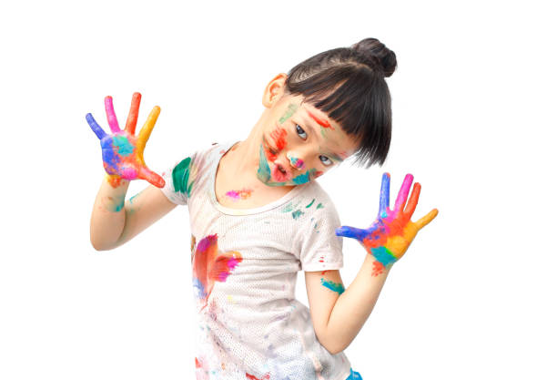 Little artist Little girl naughty with colorful paint chinese girl hairstyle stock pictures, royalty-free photos & images