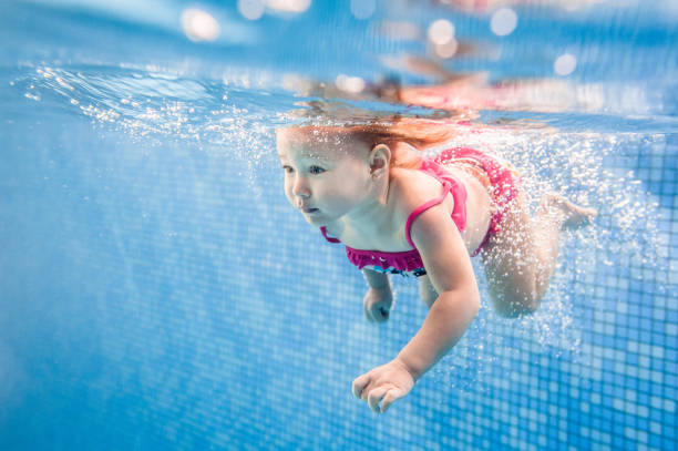 Little baby, girl swimming under water in paddling pool. Diving baby. Learning infant child to swim. Enjoy of swimming and bubbles. stock photo