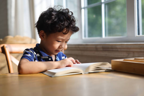 A little boy reading stock photo