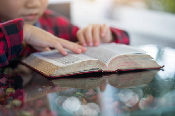 Little boy reading the Holy Bible. stock photo