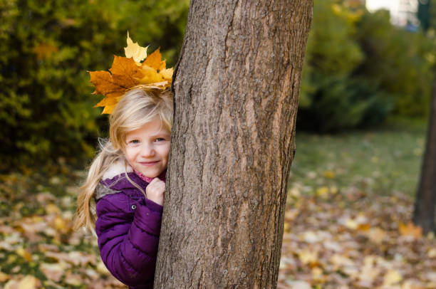 little child playing with colorful autumn leaves outdoors stock photo