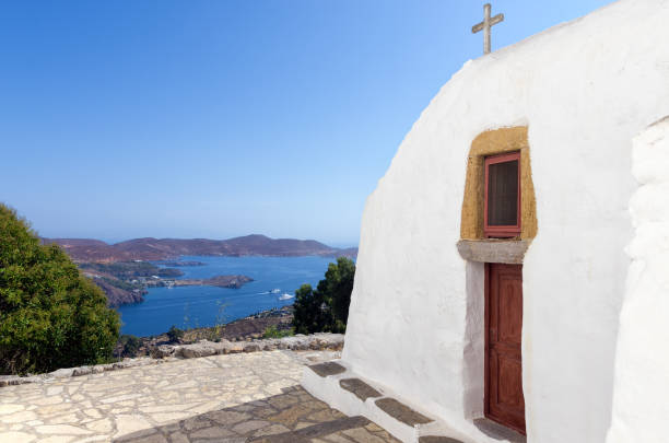 Little church overlooking the sea in the chora of Patmos island, Dodecanese, Greece stock photo