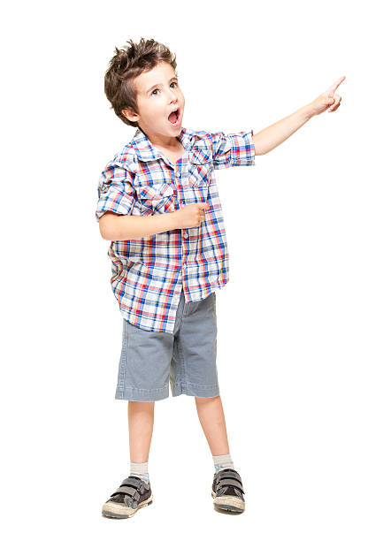 Little excited boy pointing at something stock photo