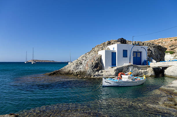 Little fisherman's house in Kimolos island, Cyclades, Greece stock photo