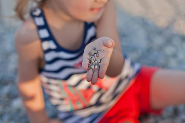 Little girl holding small stones in hands at beach. stock photo