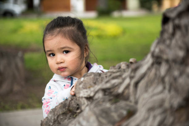 Little girl hugging a tree, looking up portrait of a beautiful two year old girl behind a tree peru girl stock pictures, royalty-free photos & images