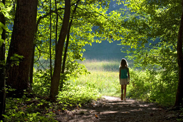 Little Girl Walking Through Edge of Forest into Field stock photo