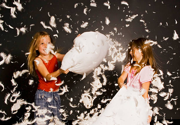 Little girls in a pillow fight with feathers flying everywhere stock photo