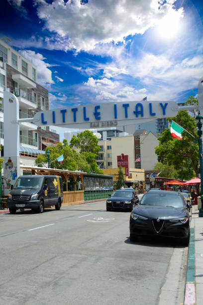 Little Italy Overhead banner over India Street, the heart of the Little Italy district in San Diego, California stock photo
