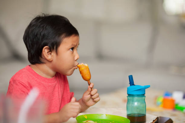 A little kid who is watching a show while having a healthy lunchtime meal, eating a corn dog with grape juice. stock photo