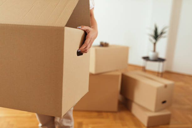 Little labor, more joy Close up of woman hands carrying box while moving house relocation stock pictures, royalty-free photos & images