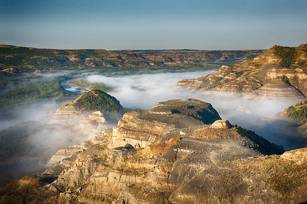 Little Missouri River in Fog The Little Missouri River draped in Fog theodore roosevelt national park stock pictures, royalty-free photos & images