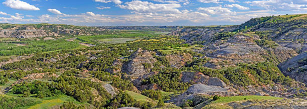 LIttle Missouri River Panorama LIttle Missouri River Panorama in Theodore Roosevelt National Park in North Dakota theodore roosevelt national park stock pictures, royalty-free photos & images