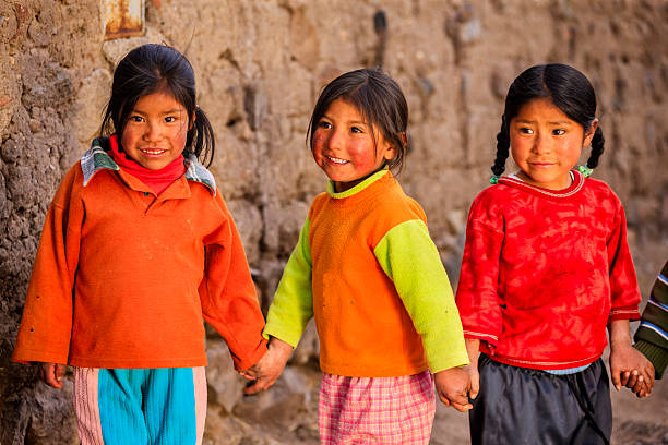 Little Peruvian girls near Canion Colca, Arequipa, Peru Colca Canyon is a canyon of the Colca River in southern Peru. It is located about 100 miles (160 kilometers) northwest of Arequipa. It is more than twice as deep as the Grand Canyon in the United States at 4,160 m. However, the canyon's walls are not as vertical as those of the Grand Canyon. The Colca Valley is a colorful Andean valley with towns founded in Spanish Colonial times and formerly inhabited by the Collaguas and the Cabanas. The local people still maintain ancestral traditions and continue to cultivate the pre-Inca stepped terraces.http://bem.2be.pl/IS/peru_380.jpg beautiful peruvian women stock pictures, royalty-free photos & images