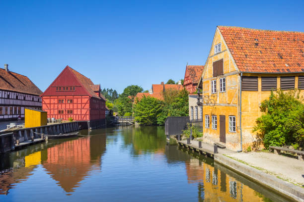 Little pond with colorful half timbered houses in the old town of Aarhus stock photo