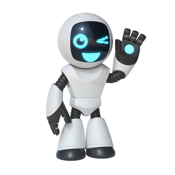 маленький робот размахивая рукой, милый робот изолированы на белом фоне, 3d рендеринга - robot hand white background стоковые фото и изображения