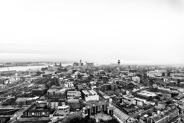 Liverpool City Scape View over Liverpool looking towards The Liver Buildings, Pier Head and the river Mersey. Taken from the top of the Cathedral. river mersey liverpool stock pictures, royalty-free photos & images
