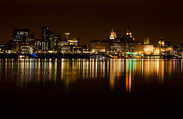 Liverpool Cityscape A time exposure of Liverpools iconic World Heritage waterfront on a still flat calm evening on the River Mersey cunard building liverpool stock pictures, royalty-free photos & images