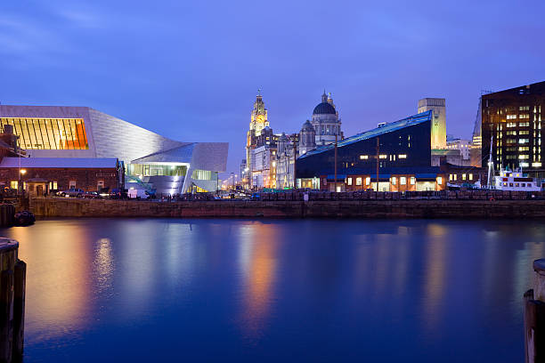 Liverpool England UK Modern cityscape of the Port of Liverpool with the New Museum of Liverpool on the left side and the Pier Head in the background pierhead liverpool stock pictures, royalty-free photos & images