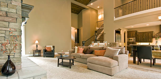 Living Room Panorama in Luxury Home  carpet decor photos stock pictures, royalty-free photos & images