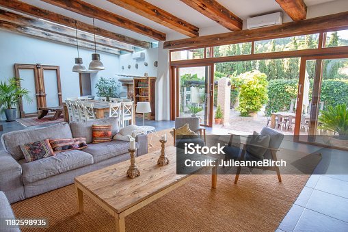 istock Living room view on to courtyard of Spanish farmhouse, Barcelona 1182598935