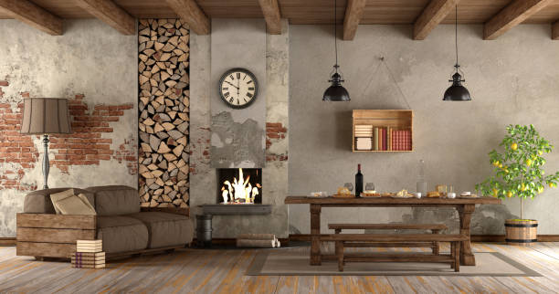 living room with fireplace in rustic style living room with fireplace in rustic style with sofa and dining table - 3d rendering
 roof beam stock pictures, royalty-free photos & images